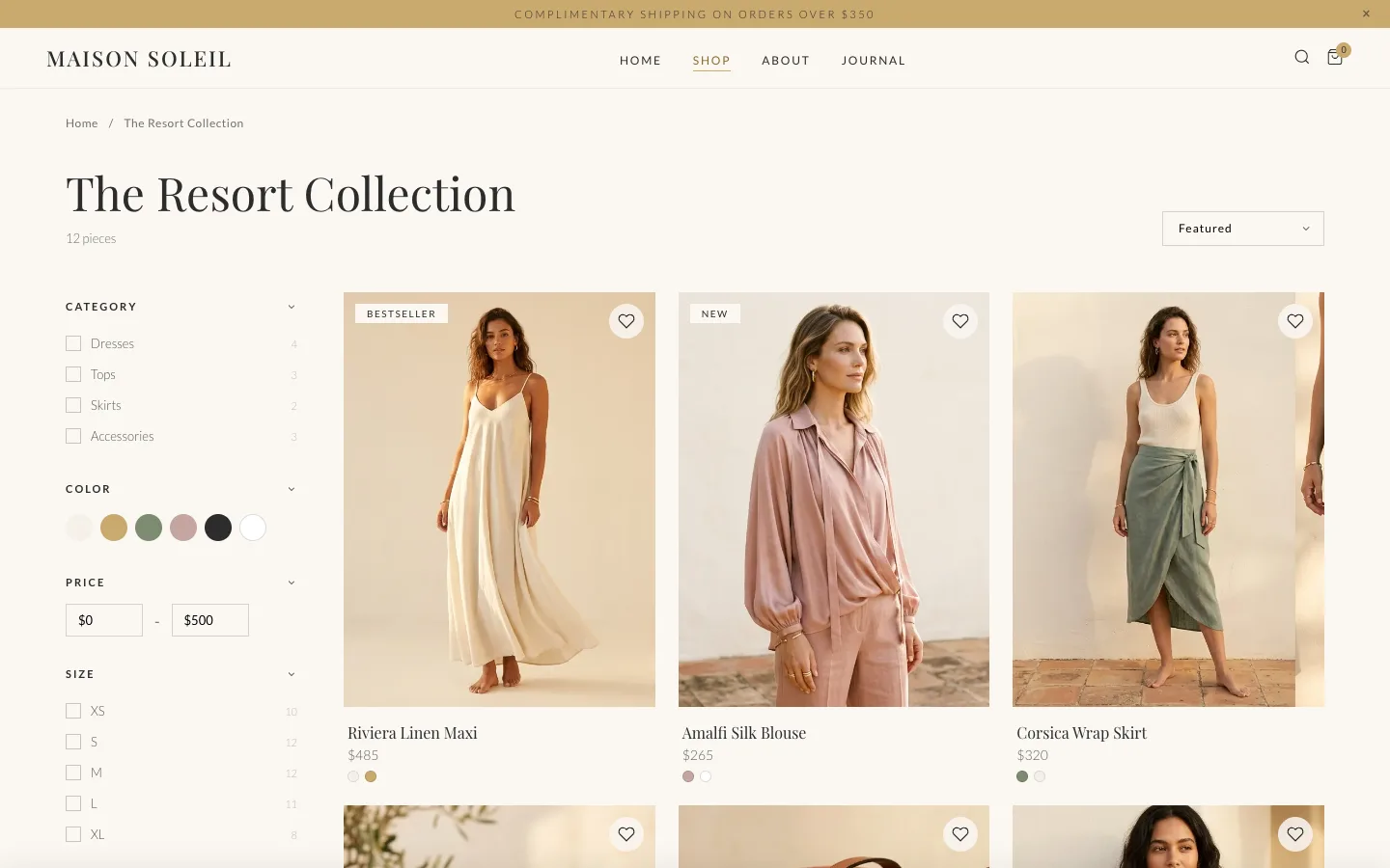 Maison Soleil resortwear storefront collection page