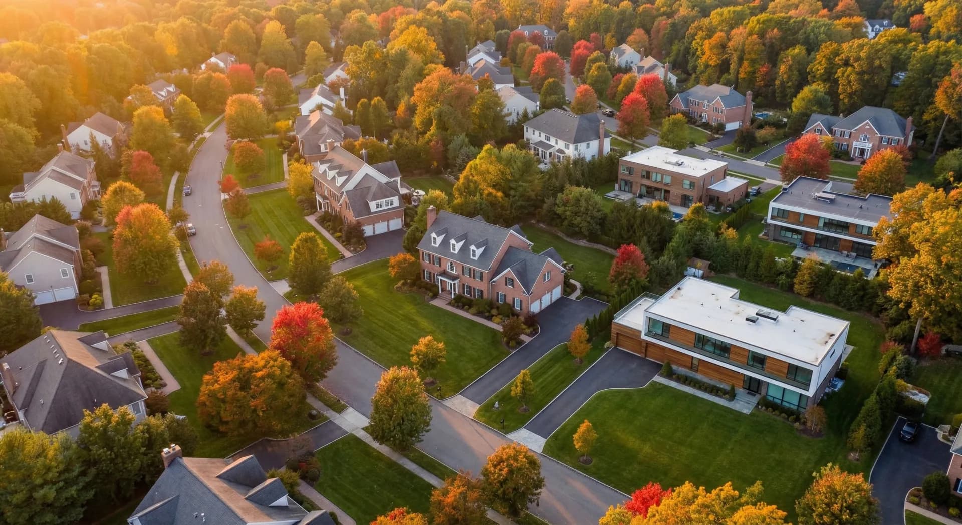 Aerial view of Westchester County suburban neighborhood
