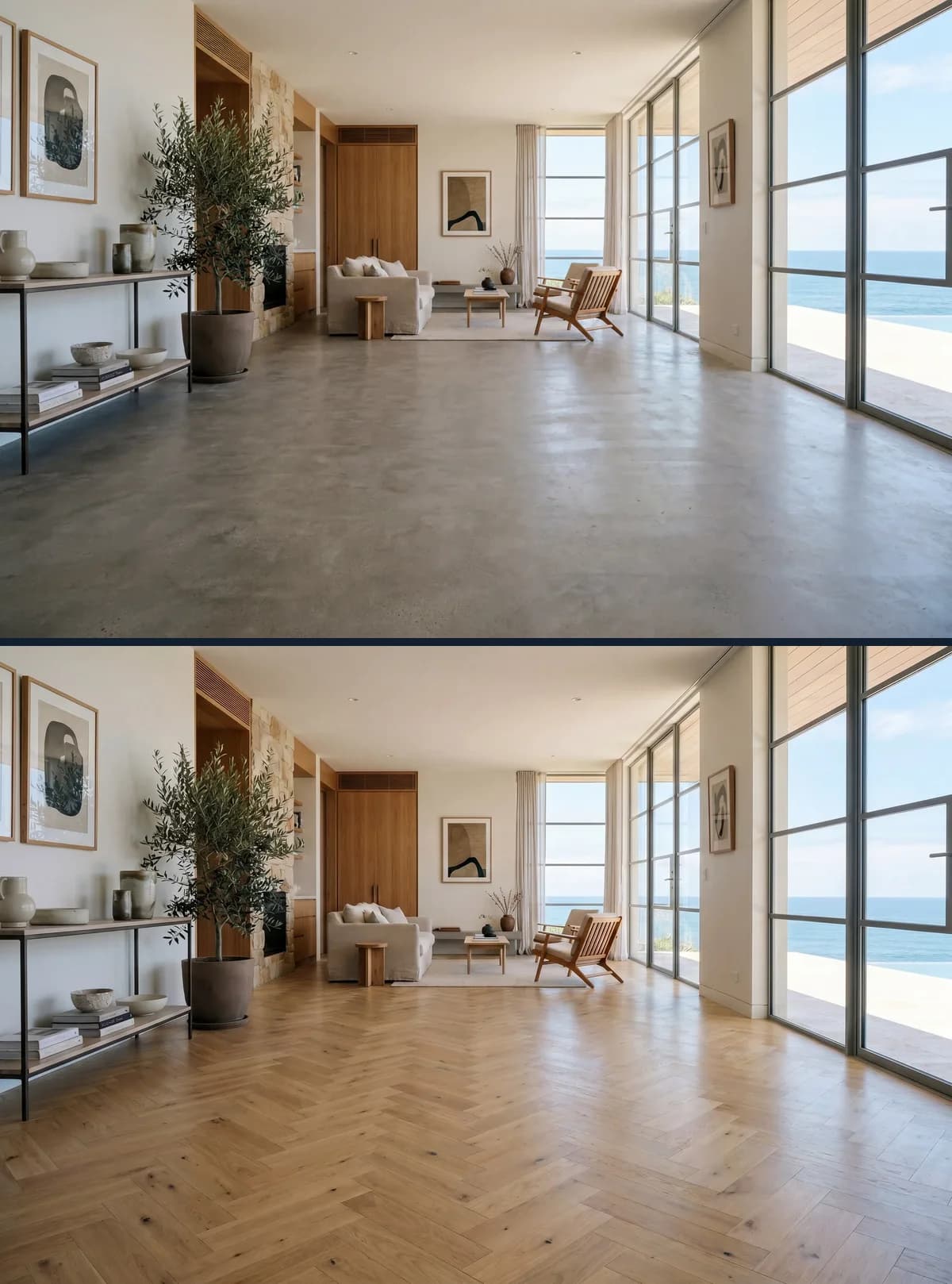 The same room twice: a bare concrete floor as photographed, then ShowFloor's preview of it with herringbone oak.