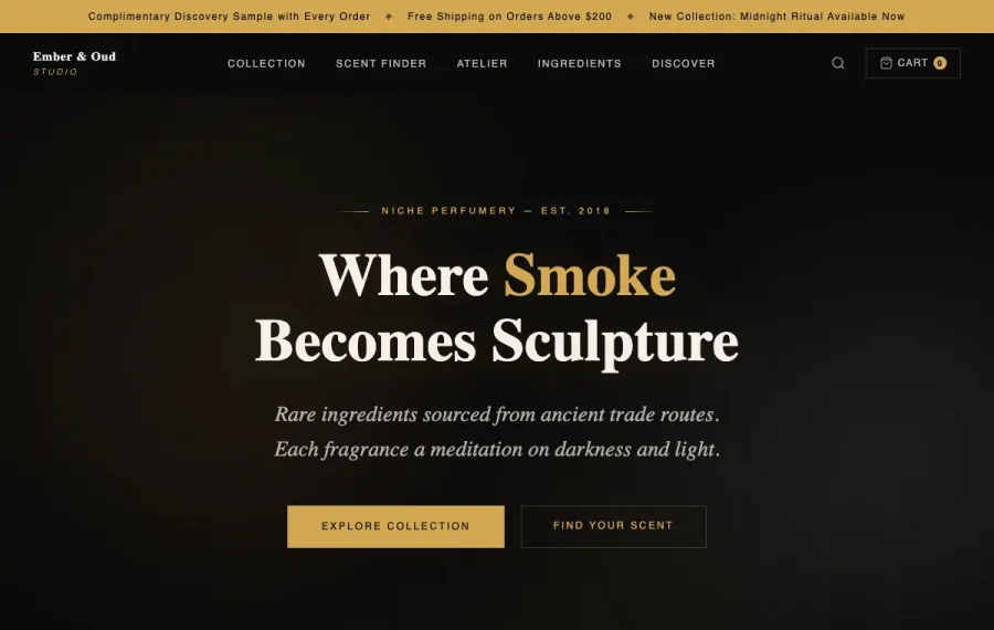 Ember & Oud fragrance storefront homepage