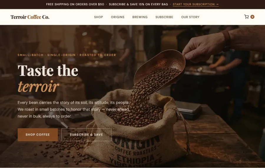 Terroir Coffee specialty coffee storefront homepage